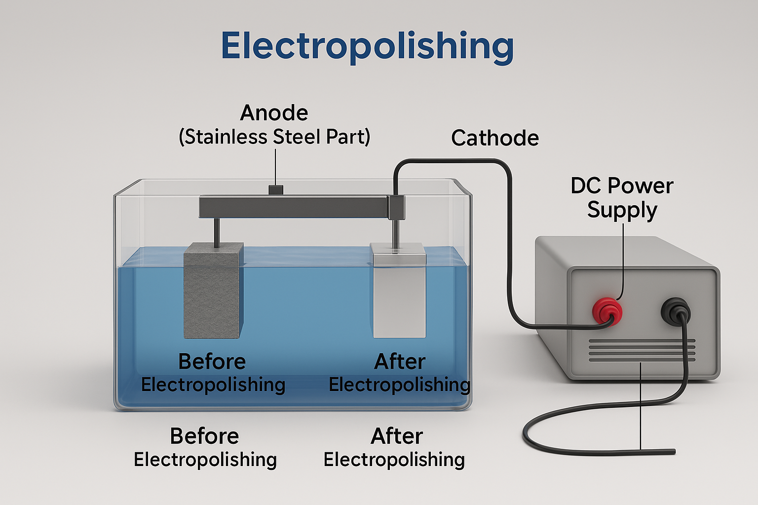 Diagram showing the electropolishing process for stainless steel